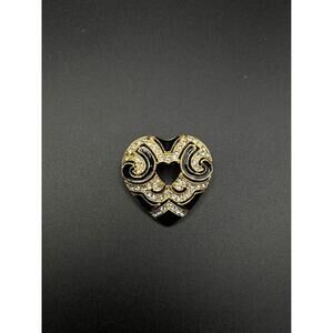 Vintage Heart w/Jewelry Gold Tone Black Enamel Rhinestone Pin Brooch